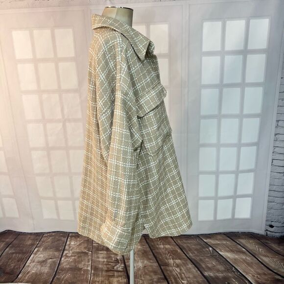 H&M Women's Tan Cream Window Pane Collared Button Down Shacket Size XL - Picture 5 of 11